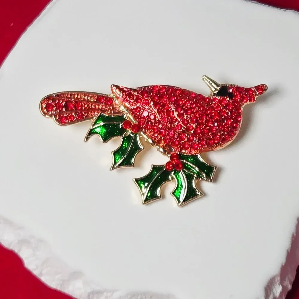 Red Cardinal Rhinestone Brooch – Holly Leaf Scarf Pin NWT Memorial Jewelry Gift
